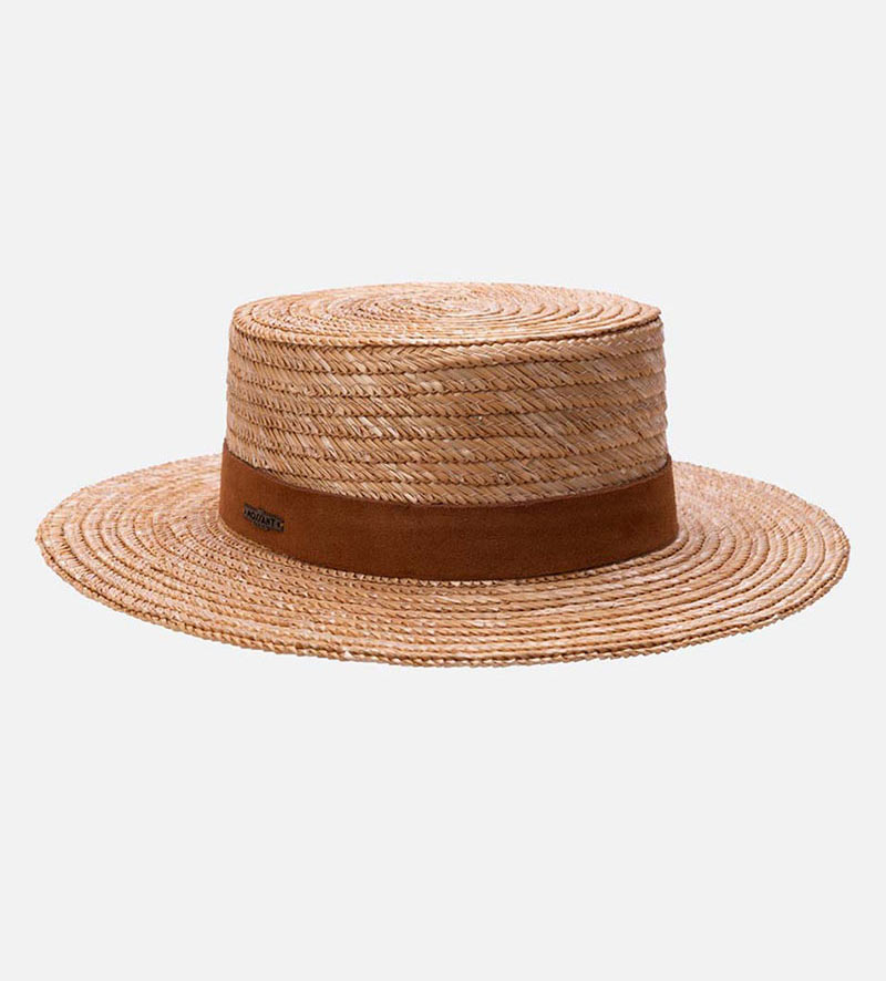 oblique view of flat top straw hat