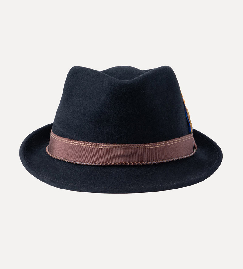 front view of black short brim trilby hat for mens