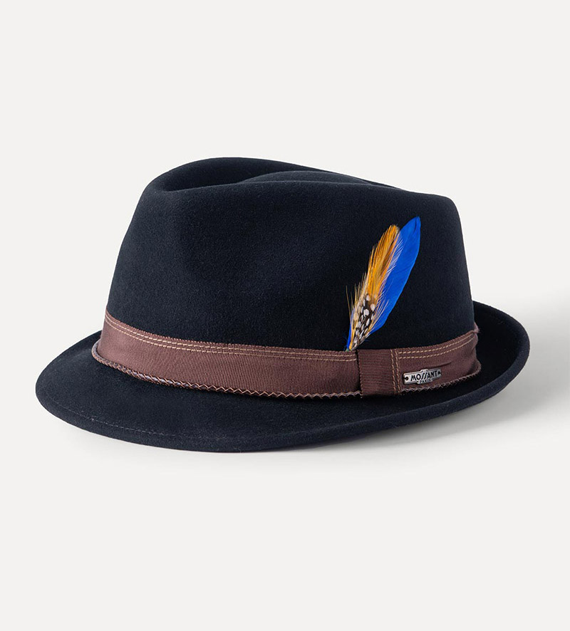 Classical Wool And Cashmere Mens Trilby Hat With Colorful Feather
