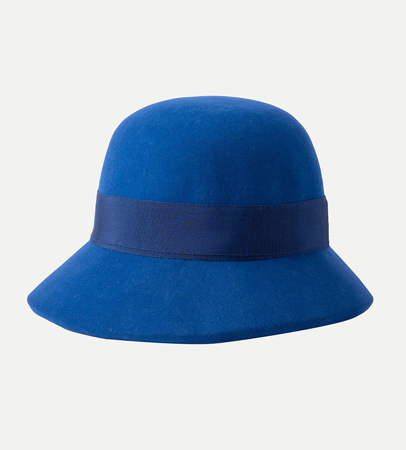 side view of blue wool cloche hat for womens