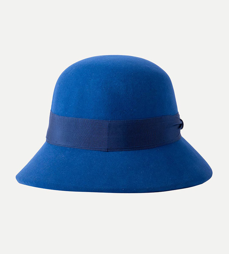 back view of blue wool cloche hat for womens