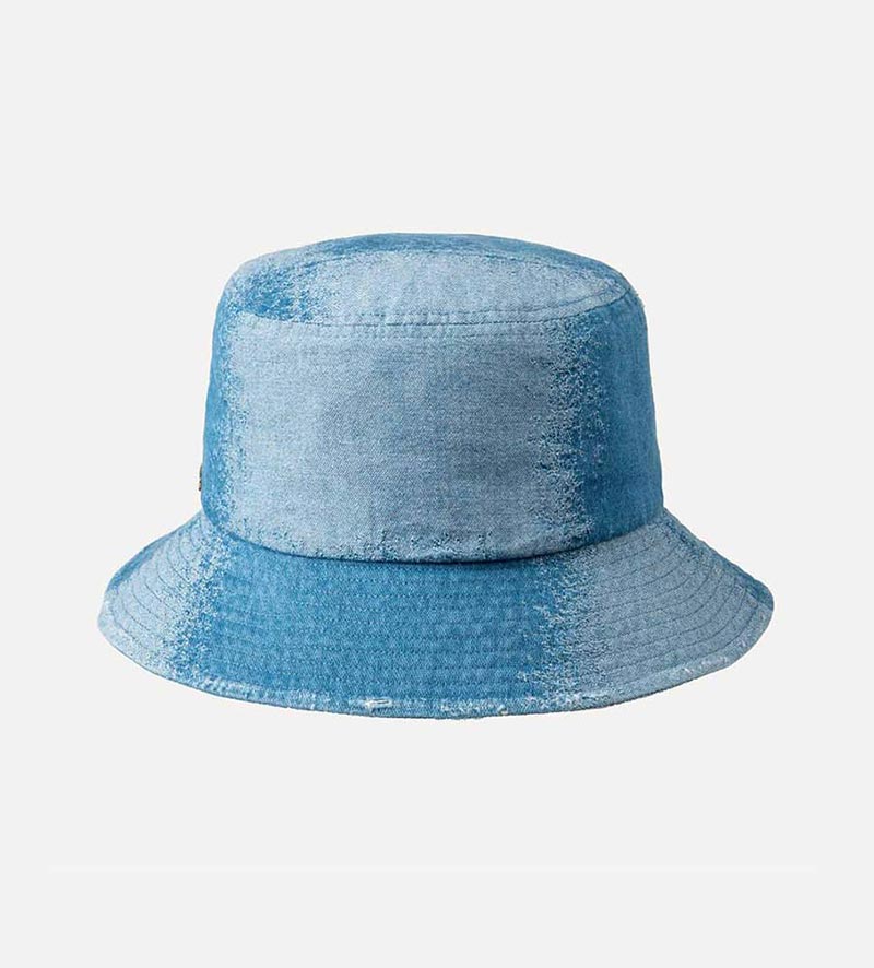 oblique view of blue bucket hat